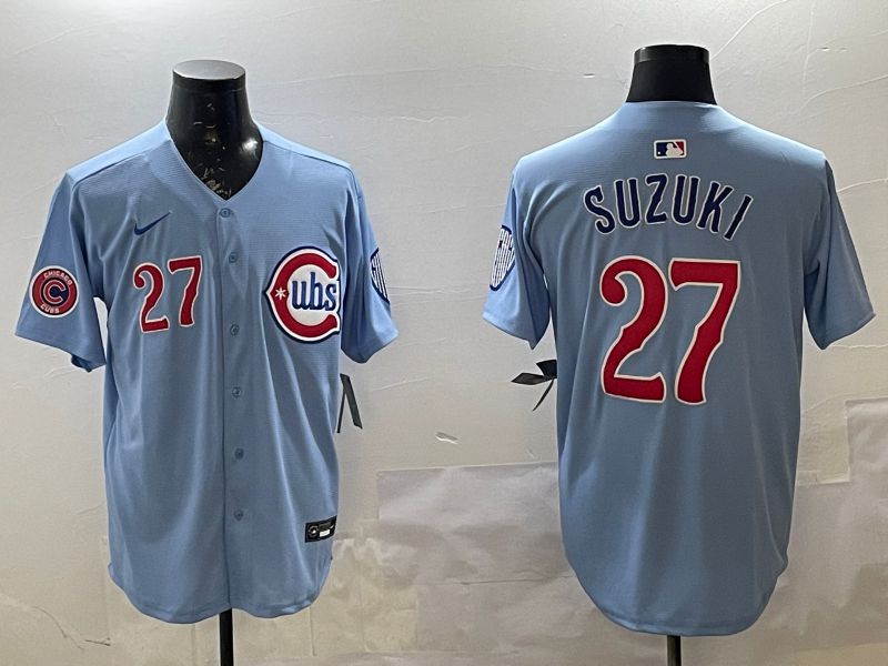 Men Chicago Cubs #27 Suzuki Light Blue Throwback 2025 Nike MLB Jersey style 2->chicago cubs->MLB Jersey